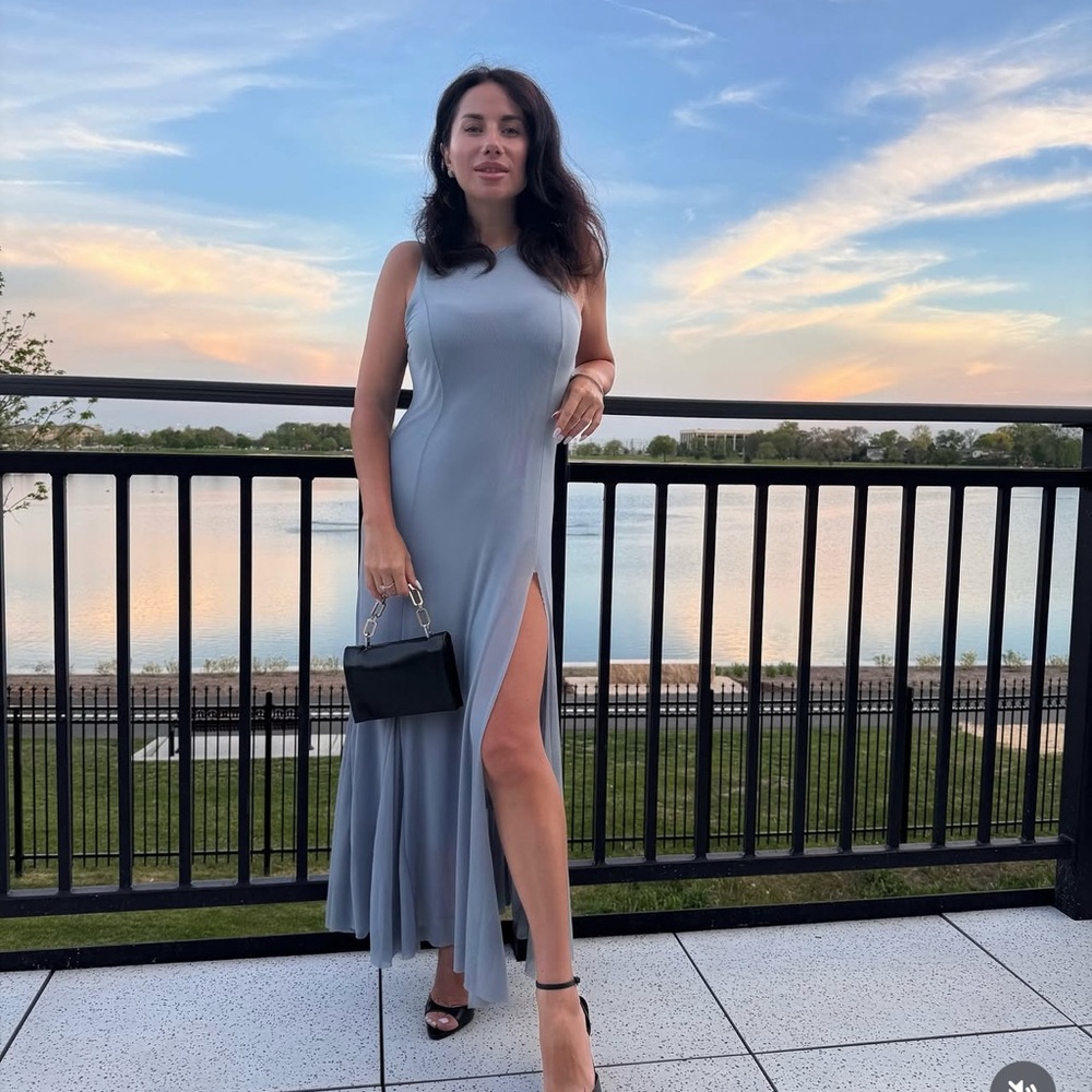 ZARA Tulle Godet Midi Dress Mid-blue /Grey M NWT